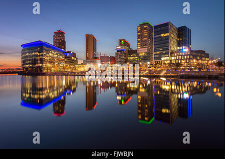 MediaCityUK and the BBC Studios at Night, Salford Quays, Greater Manchester, England, UK Stock Photo