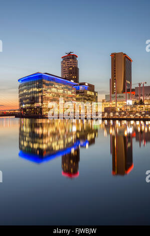 MediaCityUK and the BBC Studios at Night, Salford Quays, Greater Manchester, England, UK Stock Photo