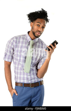 Portrait of African American businessman using cell phone isolated over white background Stock Photo