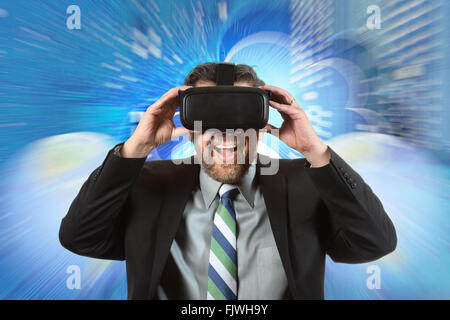 Portrait of mature businessman using virtual reality glasses over digital background Stock Photo