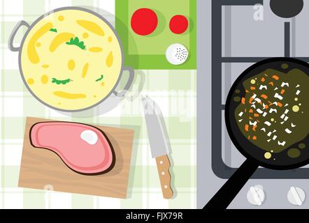 Cooking Process Table, Steak on Board, Frying Pan, Saucepan Top Angle View Stock Vector