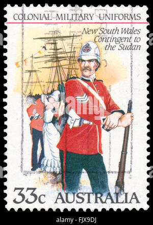 BUDAPEST, HUNGARY - 01 march 2016:  a stamp printed by Australia shows the Colonial military uniforms: New South Wales Contingen Stock Photo