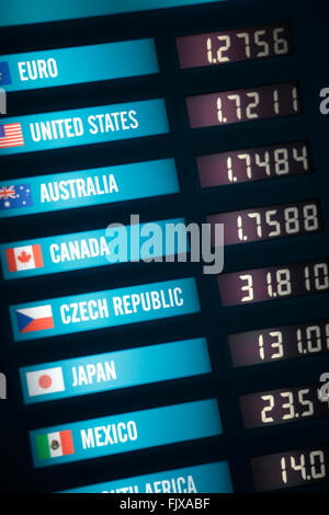 Illuminated currency exchange board showing exchange rates for various countries and currencies.