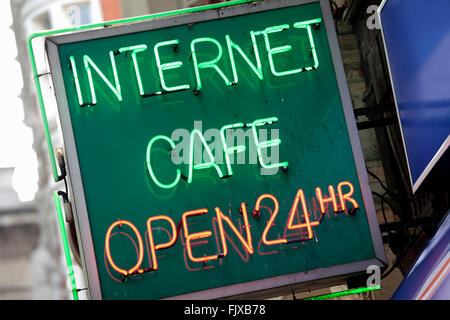 Neon Internet Cafe sign in Central London. Stock Photo