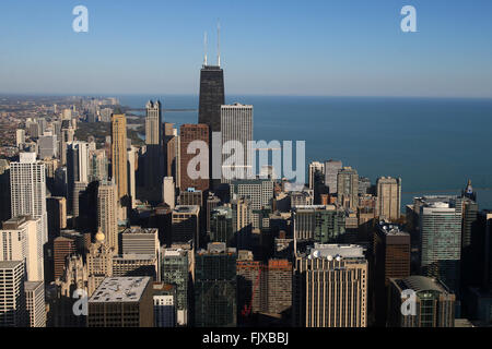 A view of the Chicago skyline including the John Hancock Center as seen from the Aon Center in Chicago, Illinois, United States Stock Photo