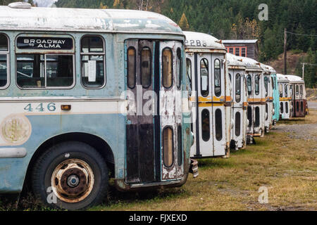 Old abandoned historic Brill Trolley Bus, beyond the need for repair, painted, rusty, scratched and worn-out. Stock Photo