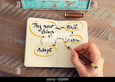 Retro effect and toned image of a woman hand writing a note with a fountain pen on a notebook. Handwritten text Try New Things, Fail, Learn, Adapt Cycle as business concept image Stock Photo