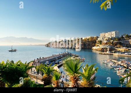 Kaleici is the historic centre of the city of Antalya, Turkey. NW over the old harbour and marina on the Mediterranean coast Stock Photo