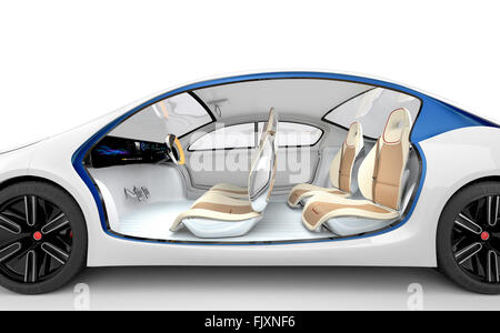 Side view of autonomous electric car. The car offer folding steering wheel, rotatable passenger seat. Clipping path available. Stock Photo