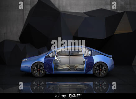 Side view of blue autonomous car in front of geometric object background Stock Photo