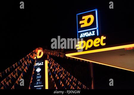 Roadside auto fuel station, Turkey, showing livery logos of LPG autogas supplier Aygaz, part of major Turkish energy Koc Group Stock Photo