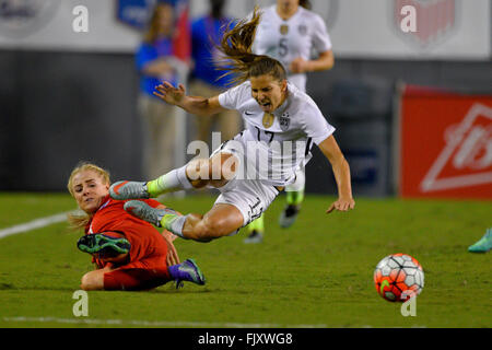 Tampa, Florida, USA. 3rd Mar, 2016. US midfielder TOBIN HEATH (17) is tackled by England defender ALEX GREENWOOD (3) during the She Believes Cup at Raymond James Stadium. © Scott A. Miller/ZUMA Wire/Alamy Live News Stock Photo