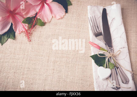 Valentine table setting copy space background, selective focus, vintage tone Stock Photo