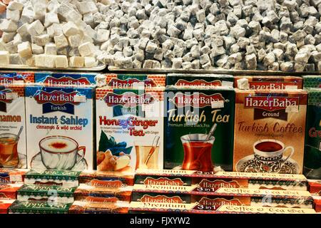 Traditional Turkish teas and Turkish Delight in food delicatessen shop inside famous Spice Bazaar Istanbul city centre, Turkey Stock Photo
