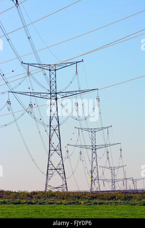 High voltage electricity pylon line Stock Photo