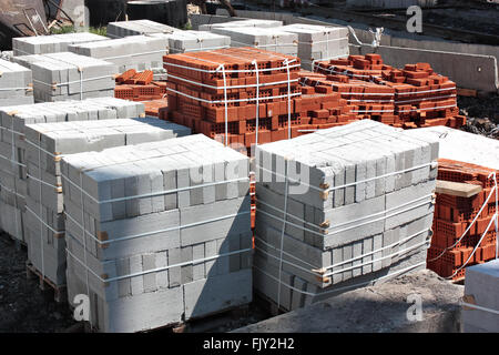 bricks and concrete blocks  on a building site Stock Photo