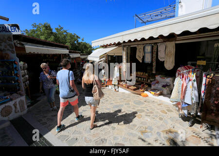 Tourist gifts in shops, Zia village, Kos Island, Dodecanese group of islands, South Aegean Sea, Greece. Stock Photo