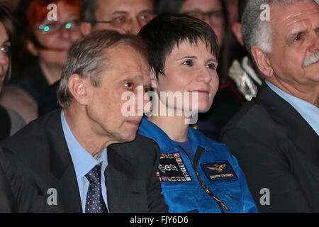 Torino, Italy. 03rd Mar, 2016. The military astronaut and the first Italian woman in the European Space Agency's crews, Samantha Cristoforetti (center) with Turin's mayor Piero Fassino (left). © Elena Aquila/Pacific Press/Alamy Live News Stock Photo
