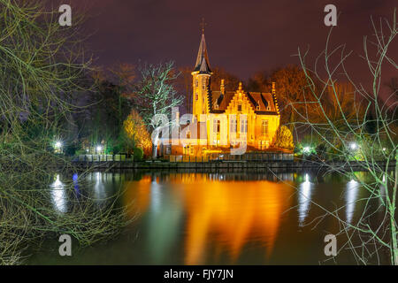 Fairytale night landscape at Lake Minnewater in Bruges, Belgium Stock Photo