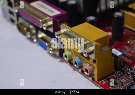 PC Mother board. Electronic card. Audio and sound ports. Stock Photo