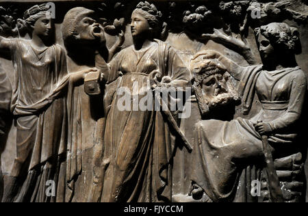 Relief of a roman sarcophagus depicting The NIne Muses, patrons of Science and Arts. Middle 2nd century AD. Marble. Detail. The State Hermitage Museum. Saint Petersburg. Russia. Stock Photo