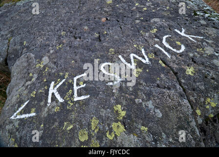 The Guide Stone on the Cumbria Way in the Glenderaterra Valley near Keswick Stock Photo