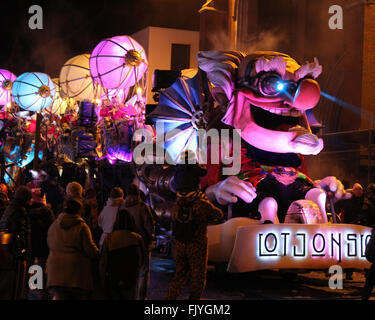 AALST, BELGIUM, FEBRUARY 7 2016: One of the brightly lit floats during the annual carnival parade in Aalst. Stock Photo