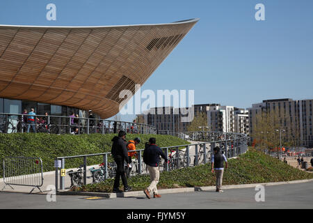 Part of velodrome with Olympic village beyond. Stock Photo