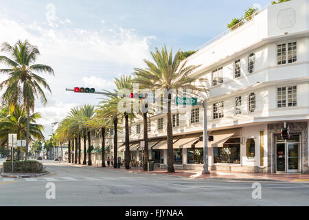 View of corner Ocean Drive and 5th Street in South Beach district of Miami Beach, Florida, USA Stock Photo