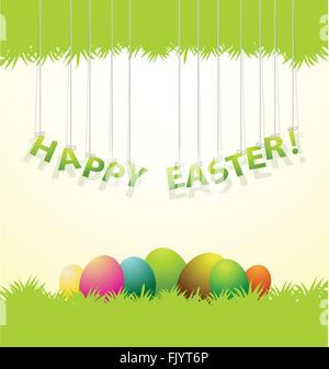 Happy Easter card with colored eggs on grass Stock Vector