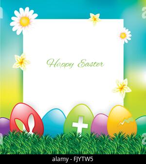 Easter greeting card with colored eggs,paper.flower in grass Stock Vector