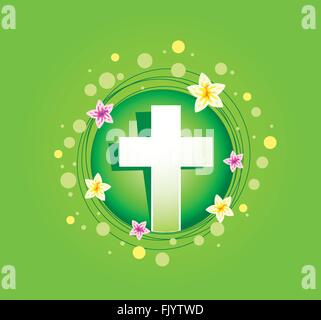 Religious Easter cross with spring flower and element Stock Vector