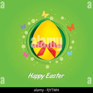 Yellow Easter egg with red ribbon and spring element greeting card Stock Vector