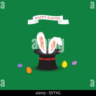 Happy Easter greeting card with Bunny ears coming out of magic hat and colored Easter egg Stock Vector