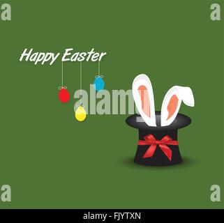 Happy Easter postcard with hanging eggs and rabbit ears coming out of magic hat Stock Vector