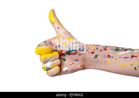 Woman hand in paint with thumb up isolated on white background Stock Photo