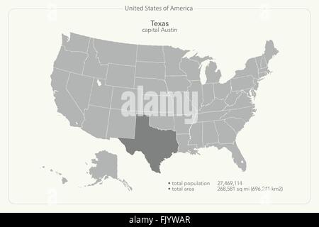 United States of America isolated map and Texas State territory. vector USA political map. geographic banner template Stock Vector