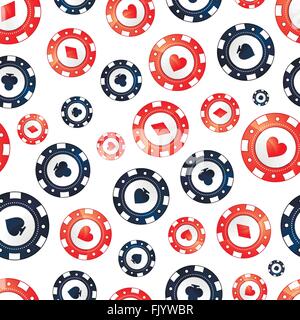 Casino chips with card suits symbols on white, seamless pattern Stock Vector
