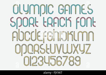 set of stylized alphabet letters and numbers isolated on white background. vector, dynamic style font type design. summer olympi Stock Vector