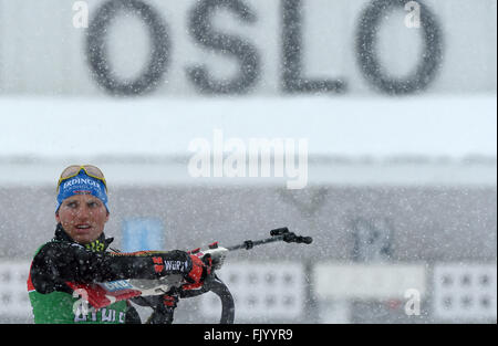 Oslo, Norway. 03rd Mar, 2016. Biathlete Erik Lesser of Germany in action during a training session at the Biathlon World Championships, in the Holmenkollen Ski Arena, Oslo, Norway, 04 March 2016. Credit:  dpa picture alliance/Alamy Live News Stock Photo