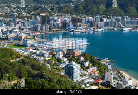 Cityscape, view from Mt Victoria to the skyscrapers in the city center and the Wellington Harbour, North Island, New Zealand Stock Photo