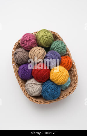 Knitting balls in basket Stock Photo