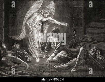 The liberation of Saint Peter from Herod's prison by an angel.  From Acts of  The Apostles, New Testament. Stock Photo