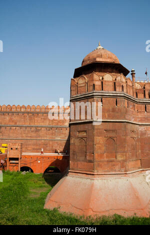 Red Fort, Delhi, India. View of Red Fort tower against blue sky. Stock Photo