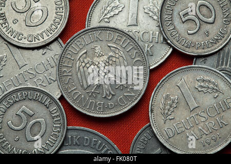 Coins of Germany. German eagle depicted in the German one Deutsche Mark coin. Stock Photo