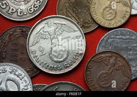 Coins of Nazi Germany. Nazi eagle atop swastika depicted in the German two Reichsmark coin (1939). Stock Photo