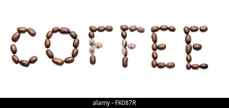 word "coffee" made from coffee beans isolated on white Stock Photo