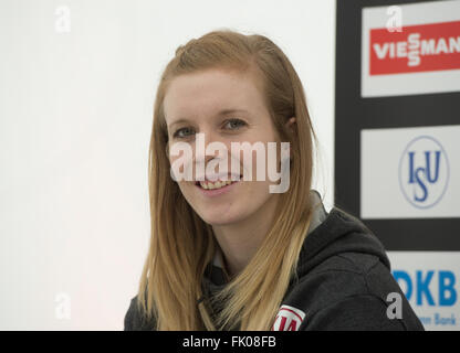 Berlin, Germany. 3rd Mar, 2016. Speed skater Roxanne Dufter at a press conference for the upcoming Speed Skating World Cup (combined) on 5 and 6 March in Berlin, Germany, 3 March 2016. Photo: Soeren Stache/dpa/Alamy Live News Stock Photo