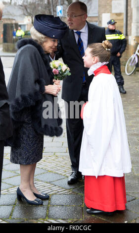 Dutch Princess Beatrix (L) attends a meeting to mark the completion of the interior of the restored nave of the Kathedrale Basiliek Sint Bavo in Haarlem, 4 March 2016. Photo: Albert Philip van der Werf/RPE/ - NO SALES - Stock Photo