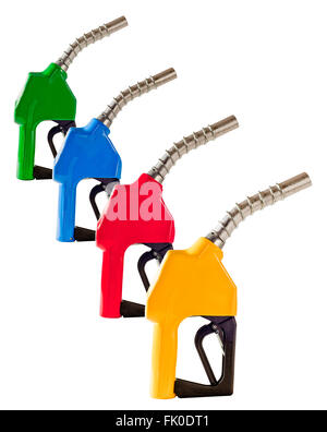 Four Colored Gasoline Fuel Pump Nozzles Stock Photo